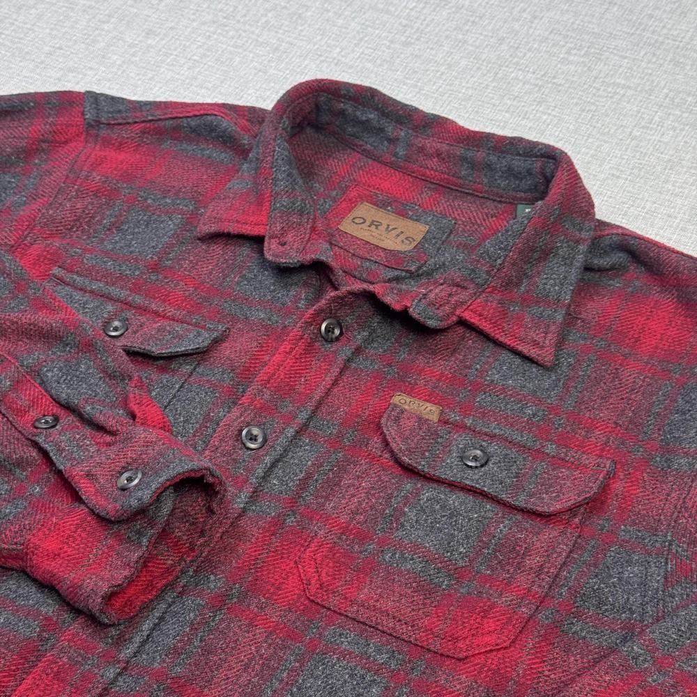 Orvis Flannel Button-Up Shirt Mens XL Red Plaid Long Sleeve Cotton Polyester